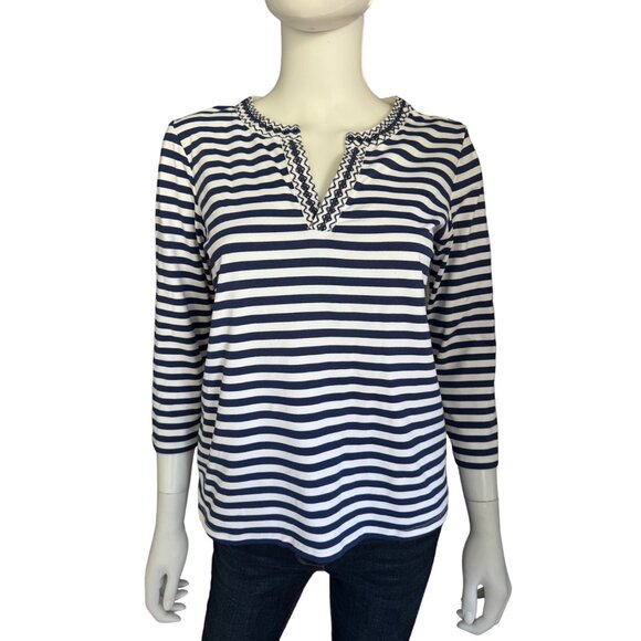 J.McLaughlin Navy & White Striped Tunic Top With Embroidered Trim - Size S - Picture 1 of 7
